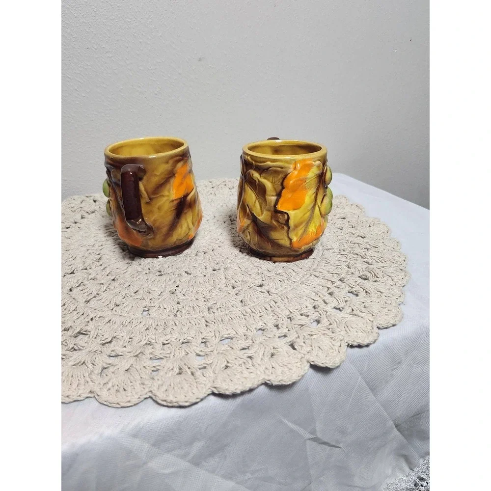 Vintage Ceramic Grape Cluster Centerpiece Pot and Matching Mug Set Amber Gold